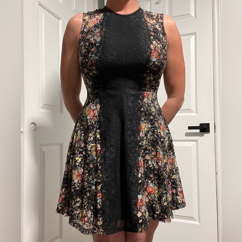 Fire Los Angeles Pink and Black Flower and Lace Fit and Flare Mini Dress